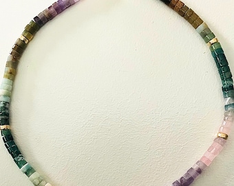 Semiprecious Stone Heishi Necklace: Gold Filled Accents