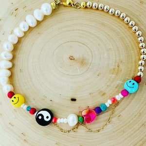 Gold Filled Happy Anklet | Freshwater Pearl Anklet | Mother of Pearl Anklet | Yin Yang Beads | Smiley Face Beads | Polymer Clay Beads | Gold