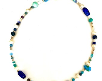 Freshwater Pearl Necklace: Blue Glass Beads, Gold Filled