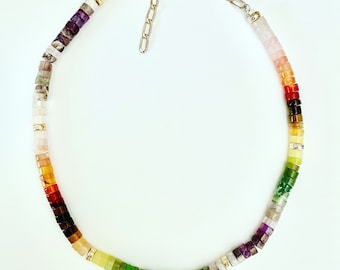 Multi Gemstone Heishi Necklace: Gold Filled Paperclip Chain, Adjustable