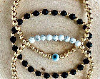 Evil Eye Bracelet Stack | Gold Filled Beads | Evil Eye | Beaded Bracelet | Trendy Bracelet | White Howlite | Gemstone | Stackable | Custom