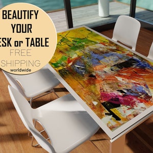 Abstract Painting Table Top, Abstract Decor Easy to Clean Protective Cover, Custom Dining Table Top Waterproof PVC, Modern Coffee Table Mat
