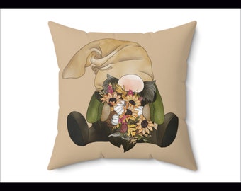 Gnome Pillow | Sunflower Pillow | Square Decorative Pillow | Decorative Pillows | Seasonal Decor | Spring Pillows | Gnome Cushion