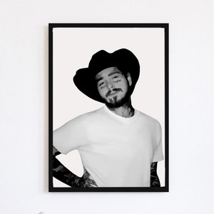 Black & White Post Malone Print, Cowboy Art, Digital Print, Wall Art, Celebrity Portrait, Digital Painting, Dorm Wall Art