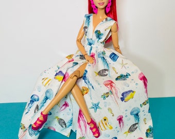 Tropical Fishes printed dress, for 1:6 scale dolls