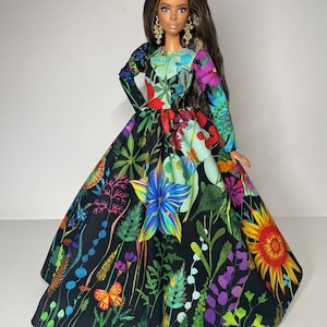 Black dress with multicolored floral print for 1:6 scale dolls image 10