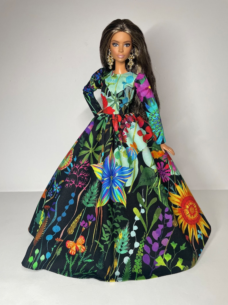 Black dress with multicolored floral print for 1:6 scale dolls image 10