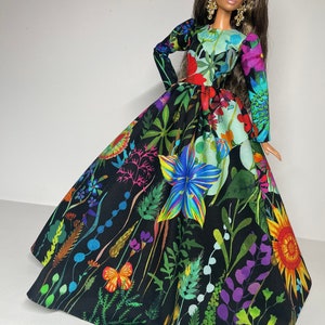 Black dress with multicolored floral print for 1:6 scale dolls image 7