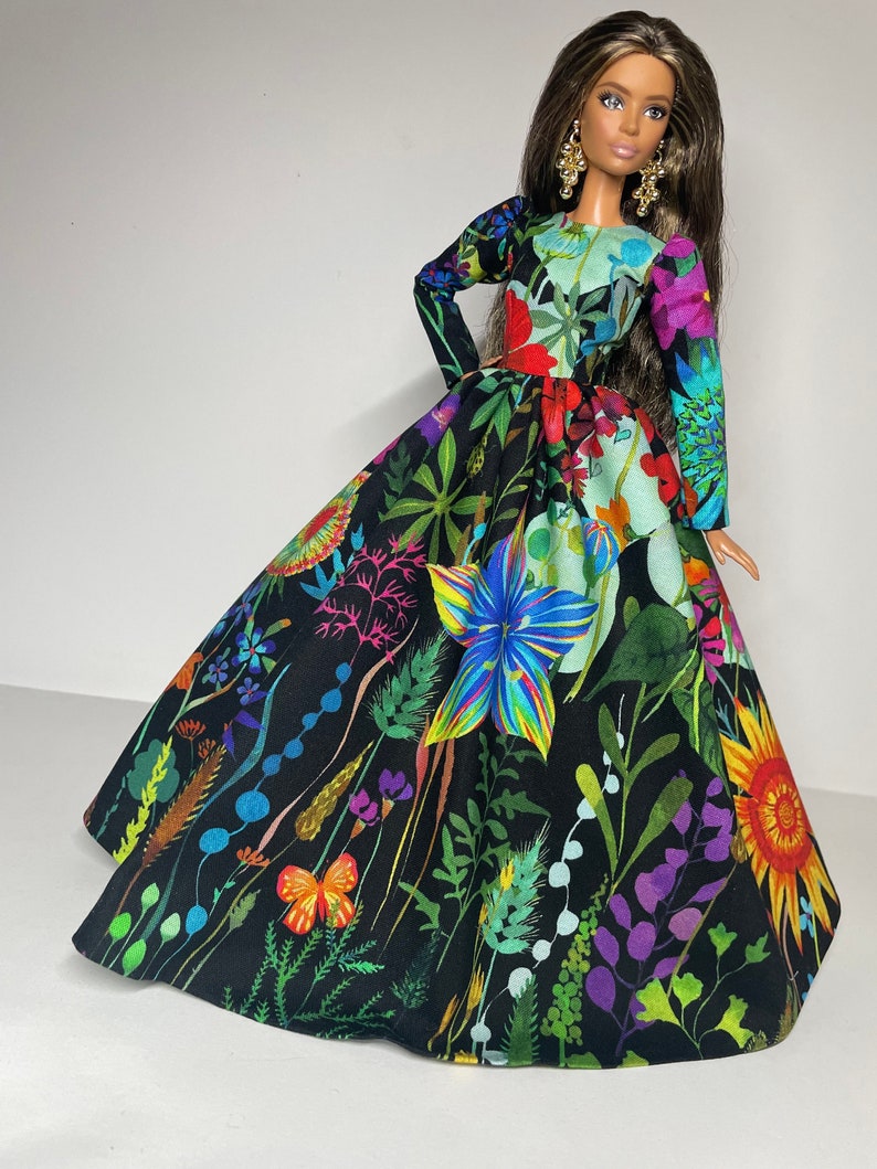 Black dress with multicolored floral print for 1:6 scale dolls image 7