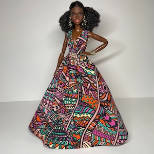Long printed dress, for 1:6 scale dolls