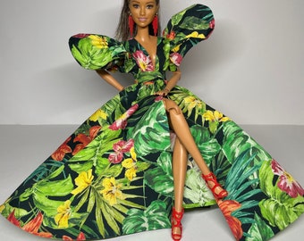 Tropical print long dress for 1:6 scale dolls