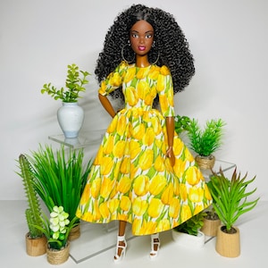 Yellow Tulip Printed Dress, for 1:6 Scale Dolls