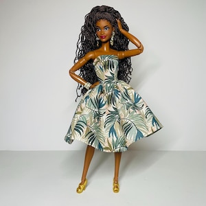 Palm Leaf Printed Strapless Dress for 1:6 Scale Dolls