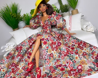 Vestido largo estampado floral para muñecas escala 1:6