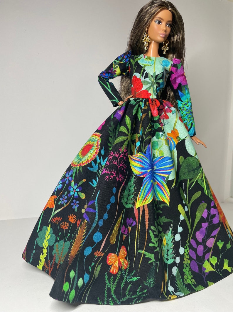 Black dress with multicolored floral print for 1:6 scale dolls image 3