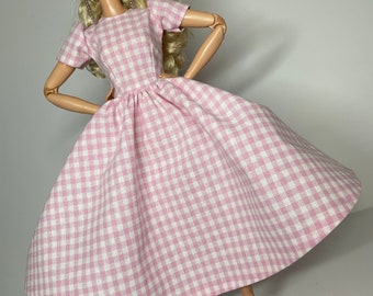 Pink Vichy printed dress, for 1:6 scale dolls