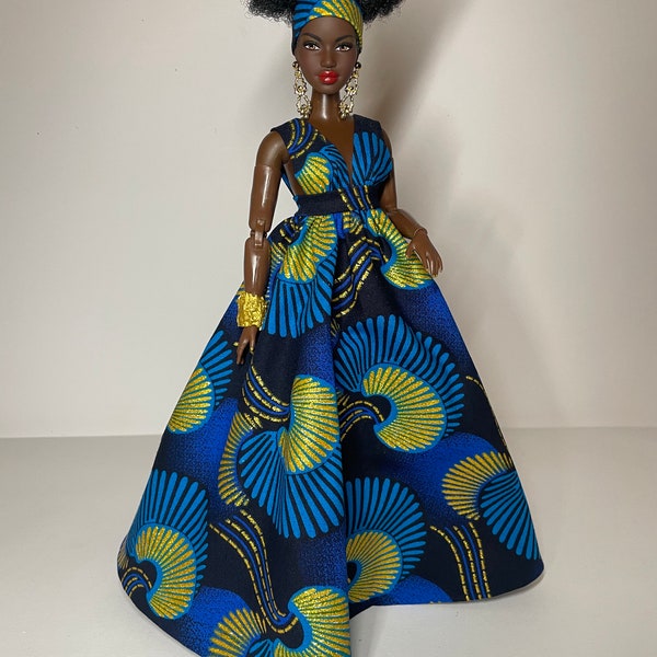 Long printed dress, for 1:6 scale dolls