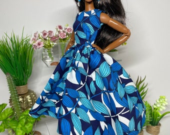 Blue printed dress for 1:6 scale dolls
