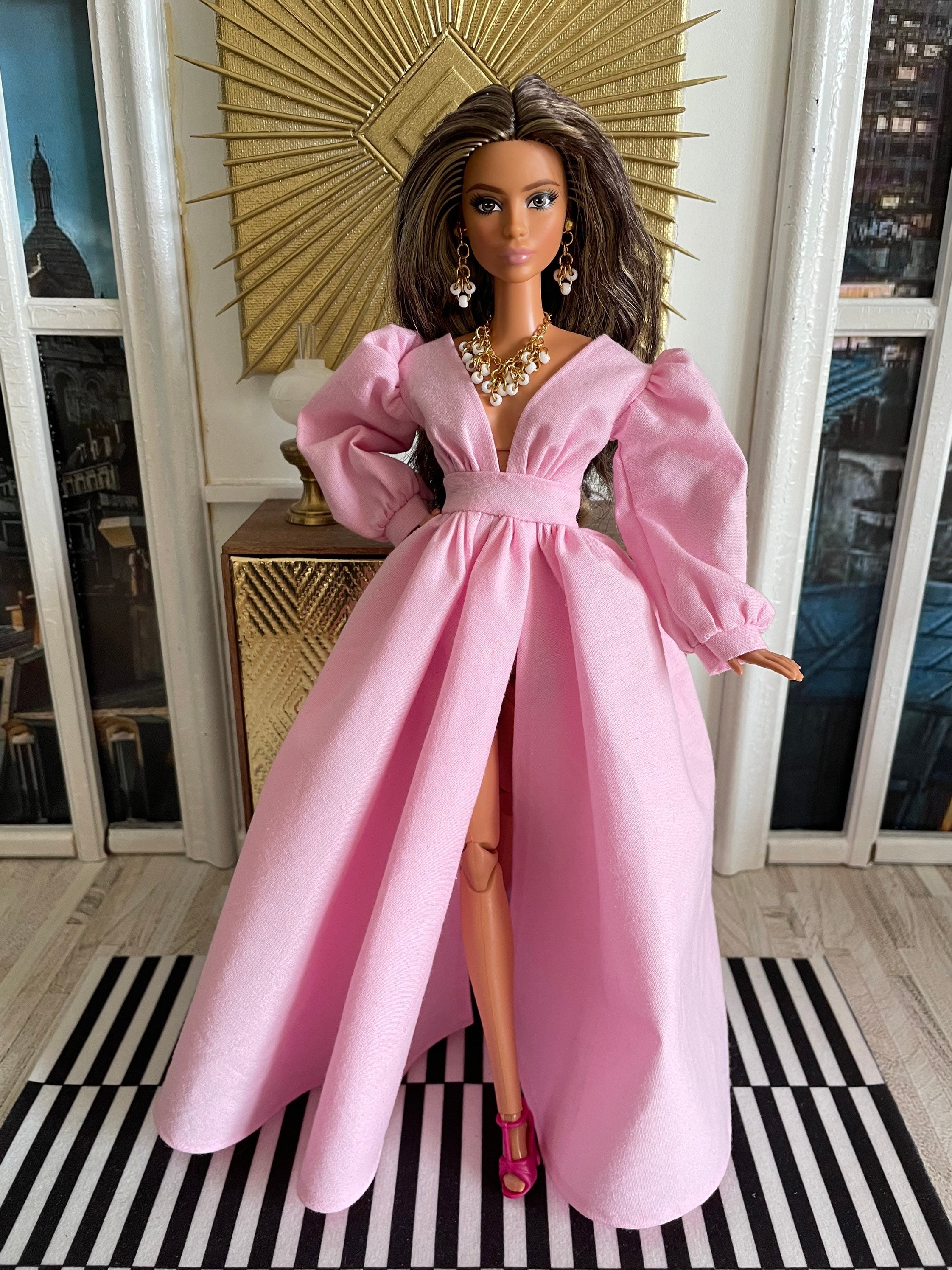 Barbie Clothes: Handmade White Halter Dress, Mattel Denim Jacket Pink Fur  Collar