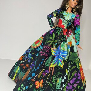 Black dress with multicolored floral print for 1:6 scale dolls image 6