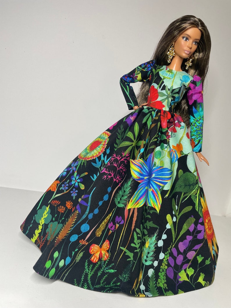 Black dress with multicolored floral print for 1:6 scale dolls image 6