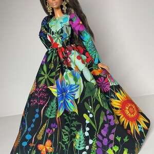 Black dress with multicolored floral print for 1:6 scale dolls image 8