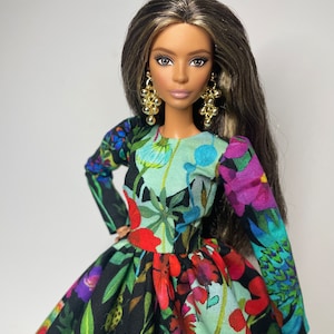 Black dress with multicolored floral print for 1:6 scale dolls image 5