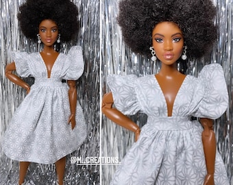 White silver printed dress for 1/6 scale dolls