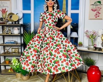 Strawberry print dress, for 1:6 scale dolls