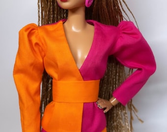 Two-tone fuchsia and orange suit, for 1/6 scale dolls