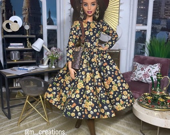 Flower print dress, for 1:6 scale dolls