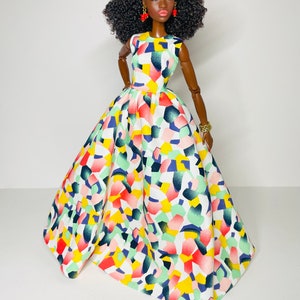 Long printed dress, for 1:6 scale dolls