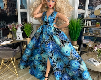 Peacock Feathers printed long dress, for 1:6 scale dolls