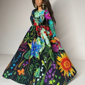 Black dress with multicolored floral print for 1:6 scale dolls image 9