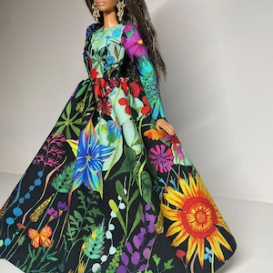 Black dress with multicolored floral print for 1:6 scale dolls image 2