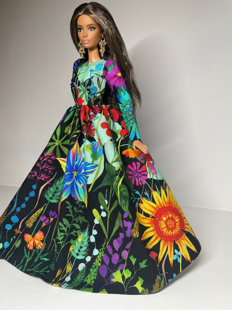 Black dress with multicolored floral print for 1:6 scale dolls image 2