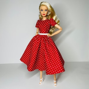 Red midi dress with white polka dots, for 1:6 scale dolls