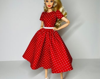 Red midi dress with white polka dots, for 1:6 scale dolls