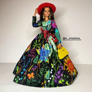 Black dress with multicolored floral print for 1:6 scale dolls image 1