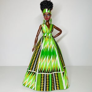 Green and black printed long dress, for 1:6 scale dolls