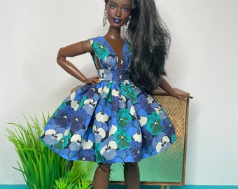 Blue and green flower print dress for 1:6 scale dolls