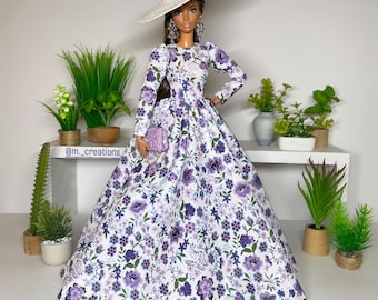 Long floral printed dress for 1:6 scale dolls