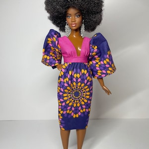 Pink and purple printed dress, for 1/6 scale dolls