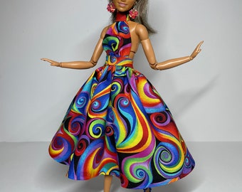 Multicolored swirl print dress, for 1/6 scale dolls