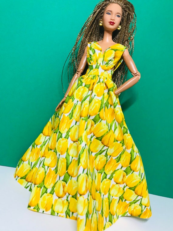 barbie fashionista yellow dress Barbie Fashionista Doll Blonde Hair Yellow Purple Summer Dress