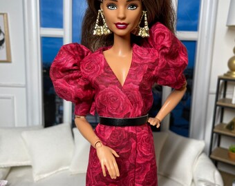 Red Roses Printed Jacket Dress for 1:6 Scale Dolls