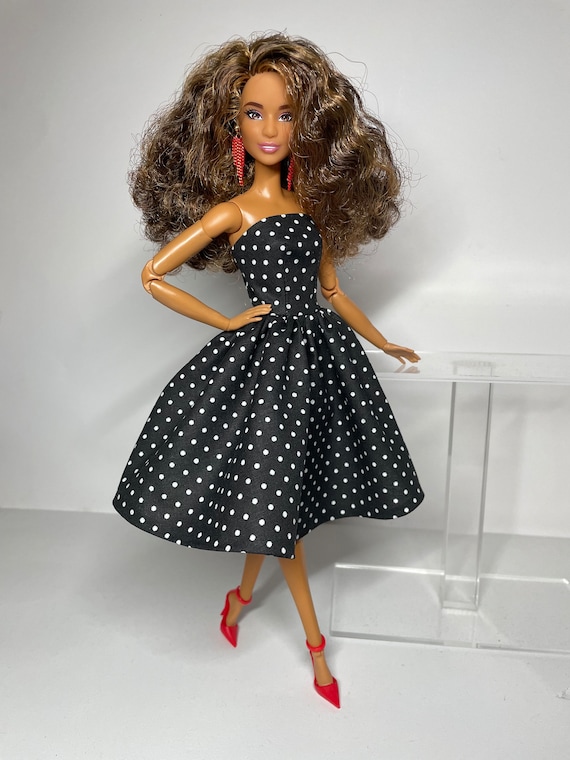 princess polly baby blue dress Black Strapless Dress Printed With White Polka Dots, for 1:6 Scale Dolls