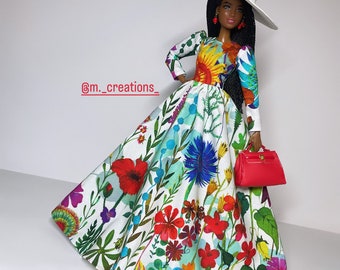 Multicolored floral printed white dress for 1:6 scale dolls