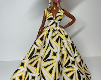Long dress in printed wax, for 1:6 scale dolls