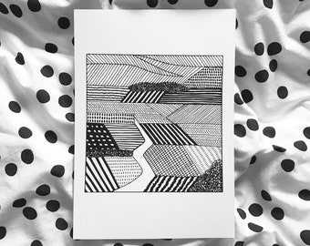 Yorkshire Landscape Print A4: Black and White Countryside Illustration